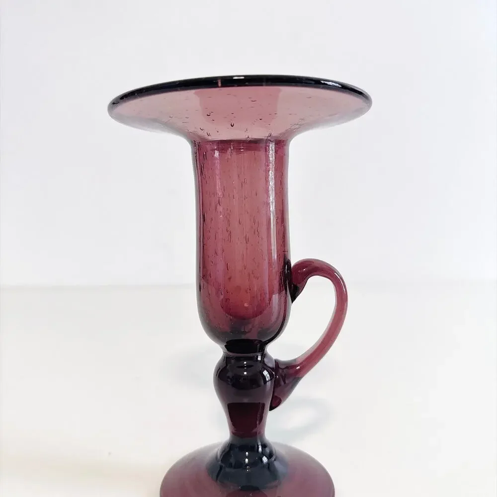 VTG LA VERRERIE DE BIOT FRENCH AMETHYST BUBBLE BLOWN GLASS PAIR CANDLE HOLDERS